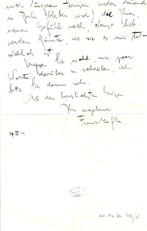 Kafka, letter to Lise Weltsch, 1914, p.2, NLI